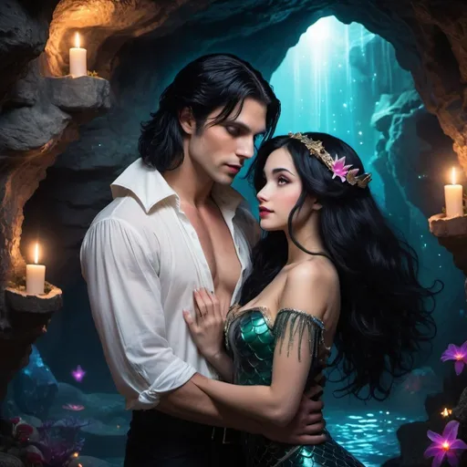 Prompt: A handsome male vampire with shoulder length Black hair, romantically caressing a shy black haired mermaid princess, in a magical underground grotto lit by glowing g stars