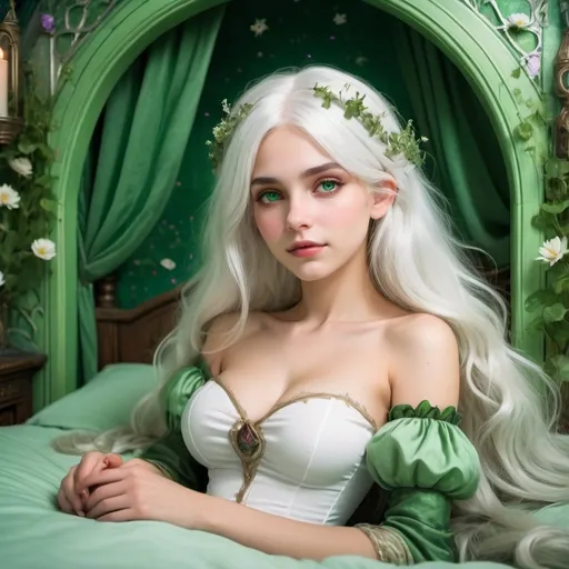 Prompt: A beautiful white haired princess witch girl lying in bed in a magical green palace bedroom, with flowers growing out of the walls