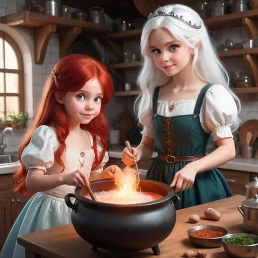 Prompt: A beautiful white haired princess girl stirring a magic cauldron in a cozy kitchen while her red haired beautiful princess friend watches