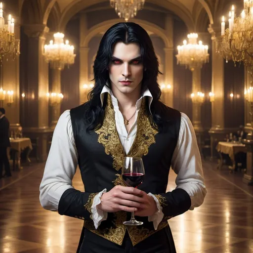 Prompt: A handsome vampire prince with long black hair and glowing yellow eyes, standing in a gold, palace ballroom with a wine glass filled with blood