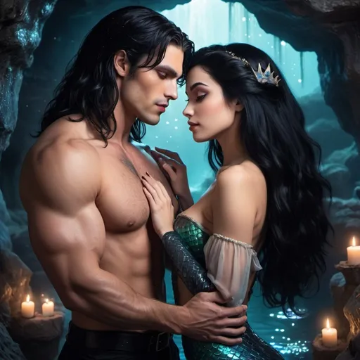 Prompt: A handsome and muscular male vampire with shoulder length Black hair, romantically caressing a shy black haired mermaid princess, in a magical underground grotto lit by glowing g stars