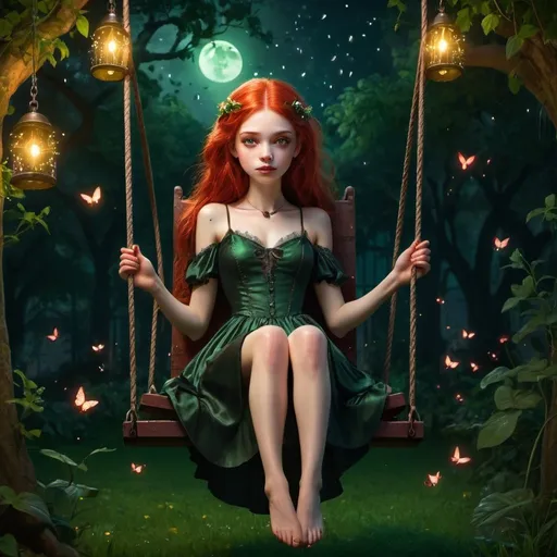 Prompt: A beautiful red haired princess vampire girl sitting on a swing in a lush green palace garden at night, surrounded by fireflies 