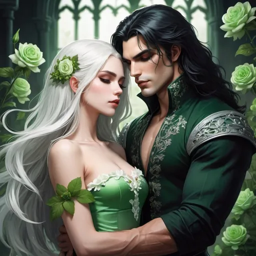 Prompt: A handsome, muscular vampire prince with shoulder length Black hair, being given a flower by a beautiful princess with long white hair, wearing a short green dress made out of green flowers, showing her stomach
