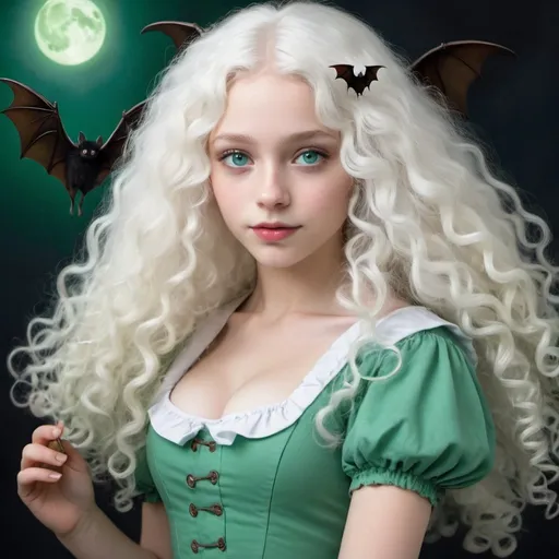 Prompt: A beautiful girl with long white curly hair and light blue eyes, wearing a green milk maid dress, with an albino bat flying next to her