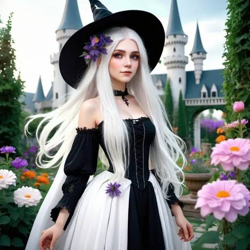 Prompt: A realistic beautiful witch girl with flowers in her white long colored hair, standing in a flowery castle garden
