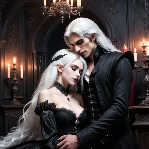 Prompt: A beautiful white haired princess witch girl being romantically caressed by a handsome vampire prince with long black hair, in a Gothic and vampiric palace bedroom