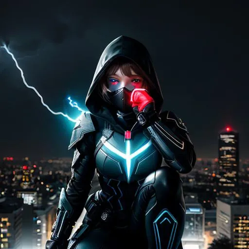 Prompt: A Caucasian female superhero wreathed in lightning with a black, grey and cyan tactical suit with a dark mask and black hood crouching on the top of an urban roof. She has pixe cut brown hair and glowing red eyes. She is surrounded by cyan electrical energy and has cyan light coming from her hands. behance HD