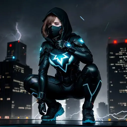 Prompt: A Caucasian female superhero wreathed in lightning with a black, grey and cyan tactical suit with a dark mask and black hood crouching on the top of an urban roof. She has pixe cut brown hair and glowing red eyes. She is surrounded by cyan electrical energy and has cyan light coming from her hands. behance HD