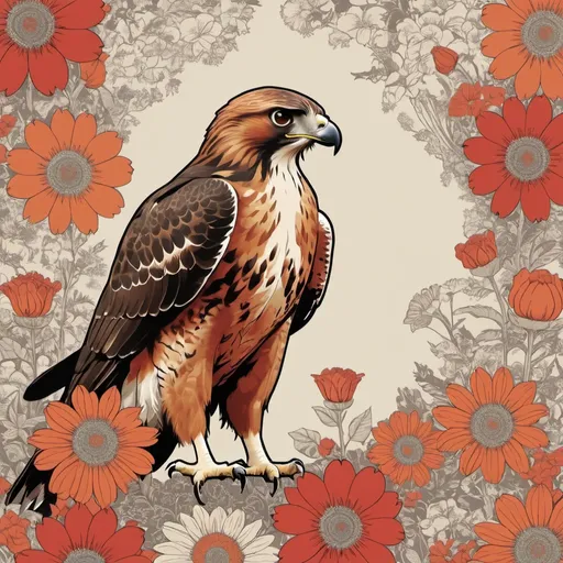 Prompt: Outline of a red tail hawk surrounded by 70s-looking retro flowers 
