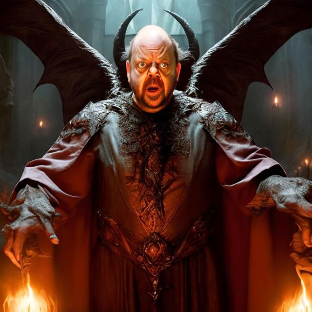 Prompt: Create an image of Paul Giamatti playing the role of Satan in a fantasy movie.
