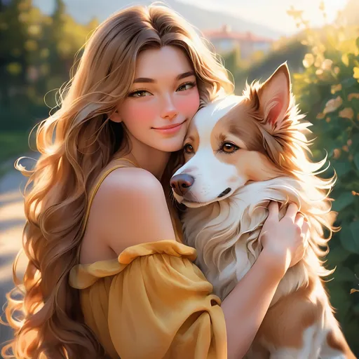 Prompt: Imagine a scene bathed in warm sunlight, where a stylish young woman exudes confidence and charm as she embraces her furry companion in a heartfelt hug. She exudes an aura of effortless coolness, dressed in trendy attire that perfectly complements her vibrant personality.

Her long hair cascades in soft waves around her shoulders, adding to the picturesque moment as she shares a beautiful connection with her canine companion. The dog, nestled comfortably in her arms, reciprocates the affection with a contented expression, its tail wagging gently in response to the warmth of the embrace.

In this serene and tender moment, captured in the golden glow of the sun, the bond between the swag girl and her beloved pet shines brightly, creating a beautiful memory that will be cherished for years to come.