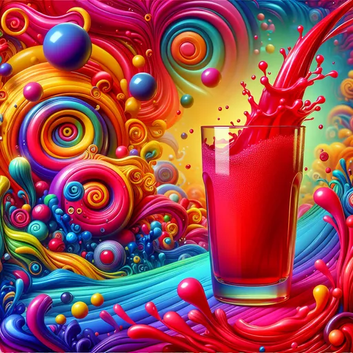 Prompt: vibrant (giggle juice), bright red (punchy), swirling colors, playful and whimsical vibe, include playful droplets or splashes, whimsical background of bubbles or fun shapes, high depth (4K), ultra-detailed, evoking joy and laughter