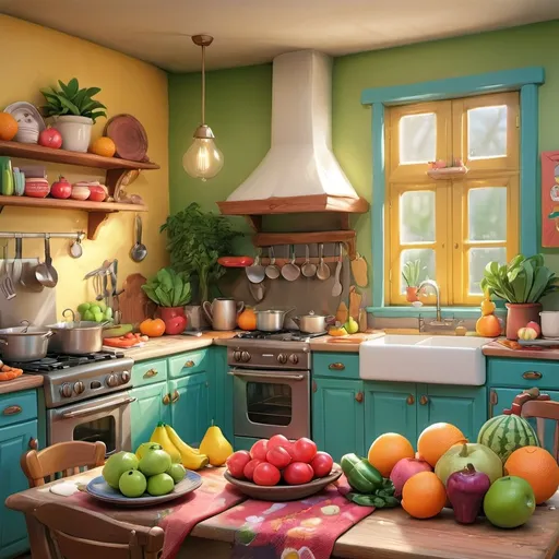 Prompt: (2D illustration), whimsical style, vibrant colors, colorful kitchen setting brimming with fresh ingredients, cheerful atmosphere, inviting layout, playful arrangements of fruits, vegetables, and kitchen tools, cozy and warm lighting, on an enchanting background, perfect for sparking children's imagination, high quality, ultra-detailed design.