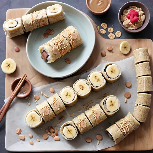 Prompt: 13. Banana Sushi Rolls
Ingredients:

1 banana
2 tablespoons peanut butter or almond butter
1/4 cup crispy rice cereal or crushed graham crackers
Chocolate chips or sprinkles (optional)
