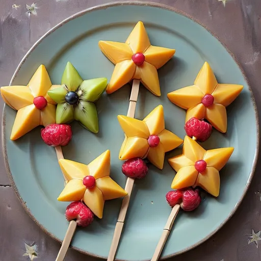 Prompt: Fairy Fruit Wands, wands that are wooden skewers with star shaped fruit.. laying on a plate