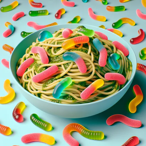 Prompt: name is wiggly worm spaghetti, spaghetti mixed in with pesto and with gummy worms in a bowl. this is a cartoon. 