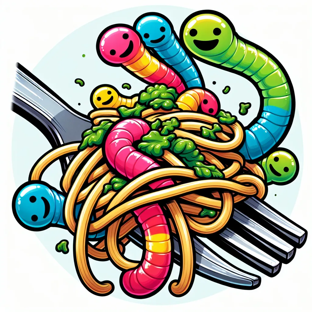 Prompt: name is wiggly worm spaghetti, spaghetti mixed in with pesto and with gummy worms. this is a cartoon. 