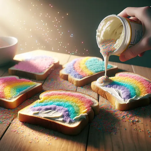 Prompt: 6. Magic Rainbow Toast
Ingredients:

4 slices of bread
1/2 cup cream cheese (softened)
Food coloring (various colors)
Sprinkles (optional)

