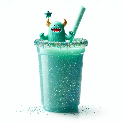 Prompt: the name is monster mash smoothie. the smoothie has edible glitter in it and there is a straw with a cute monster on it. the smoothie is a blueish green
