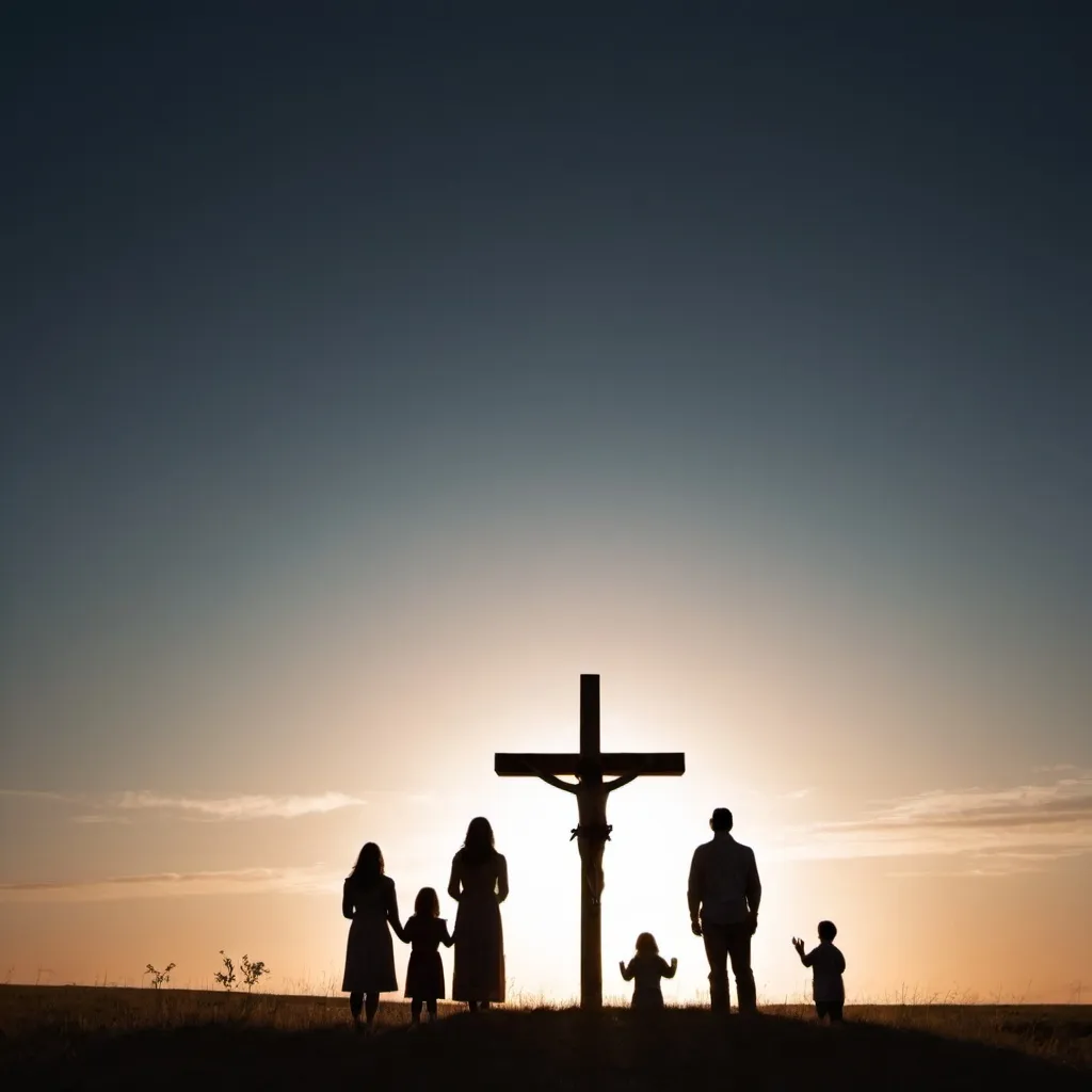 Prompt: Photo of a family  in the shadows worshiping and looking at the cross in the plains while sunrise

