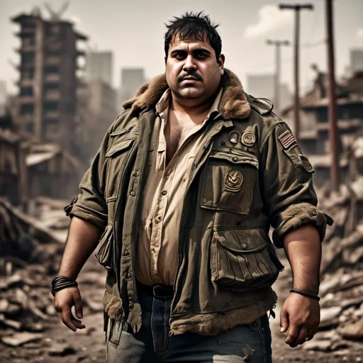 Prompt: <mymodel> Hispanic man wearing army jacket post-apocalyptic.