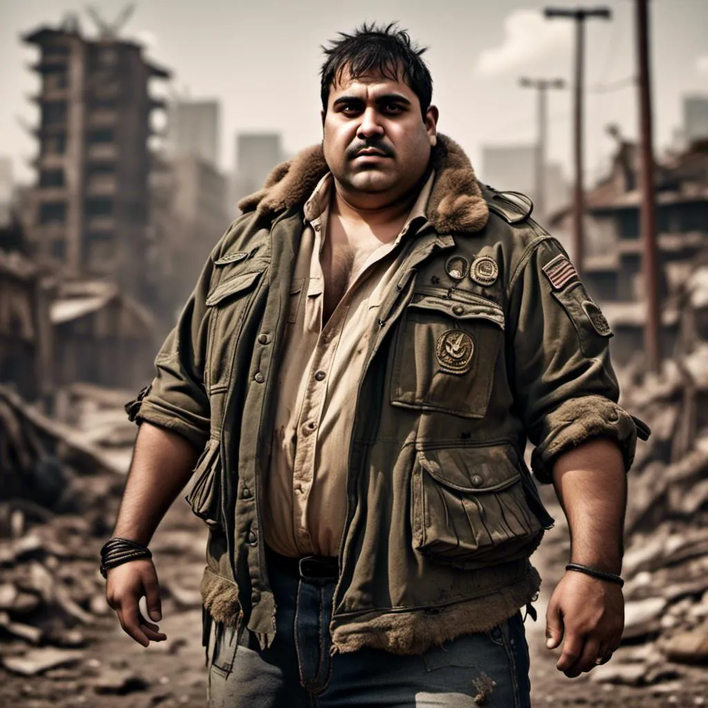 Prompt: <mymodel> Hispanic man wearing army jacket post-apocalyptic.