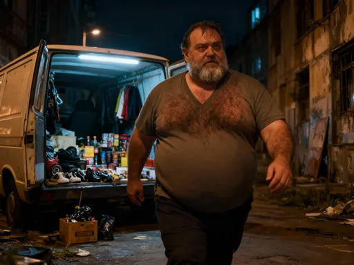 Prompt: Fat Obese muscular grizzled big bellied man with excessive bodyhair, beard, in a dilapidated urban area at night, photorealism, short hair, hairy chest, walking, v-neck undershirt, selling stolen merchandise to people out of his van