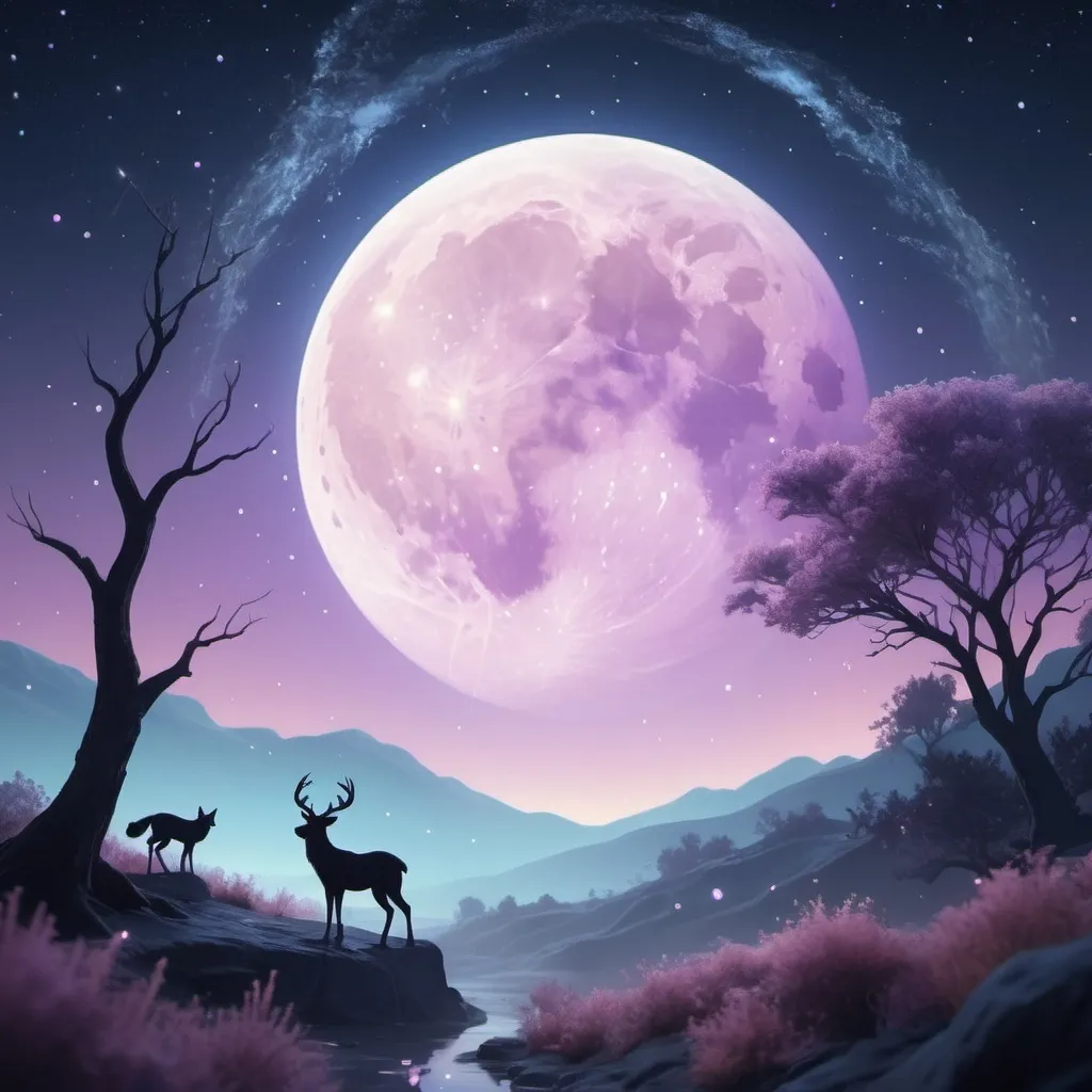 Prompt: A serene, starry night sky with soft, twinkling stars and a large, luminous full moon. Gentle wisps of colorful nebulae in pastel hues of purple, blue, and pink swirl slowly across the scene. In the foreground, silhouettes of mystical creatures fade in and out subtly. Low-contrast, dreamy atmosphere with a slight blur effect. Smooth animation, 4K resolution