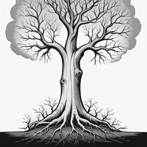 Prompt: Cartoon black and white clipart black and white clipart of a tree alive and dead with roots coming from the bottom.