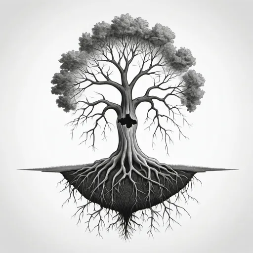 Prompt: Create a black and white cartoon of a tree being half alive and half dead with roots coming from the bottom.