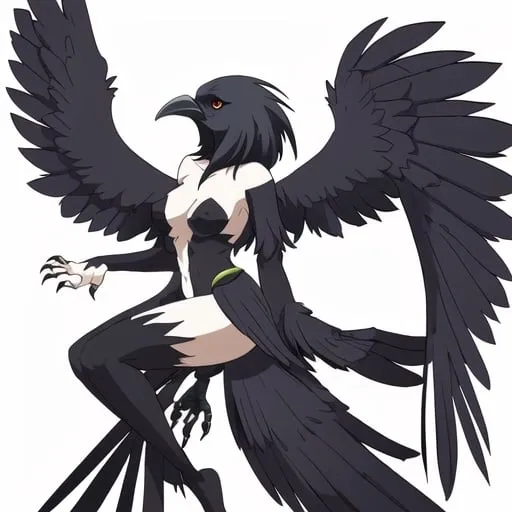 Prompt: Beautiful bird woman, crow, raven, harpy inspired, bird feet for hands, godlike