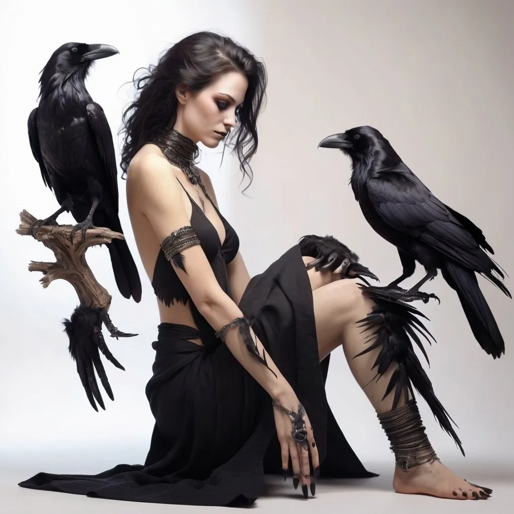 Prompt: Beautiful bird woman, crow, raven, harpy inspired, bird feet for hands, godlike