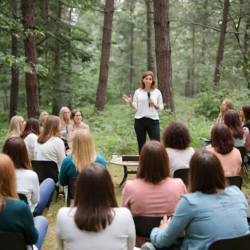 Prompt: woman giving conference to many women in nature