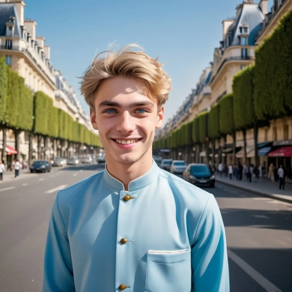 Prompt: Wide-angle shot, smiling, 20 year old handsome French man with blond hair and blue eyes wearing Baju Melayu, Champs-Elysées background