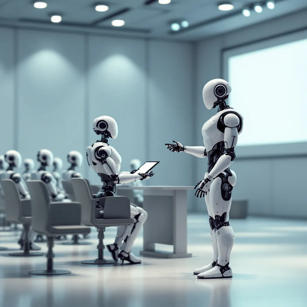 Prompt: I want an image of a robot standing and giving a lecture to other robots that are sitting in an auditorium. The robot giving the lecture is facing the robots sitting and the image angle is from the side 
