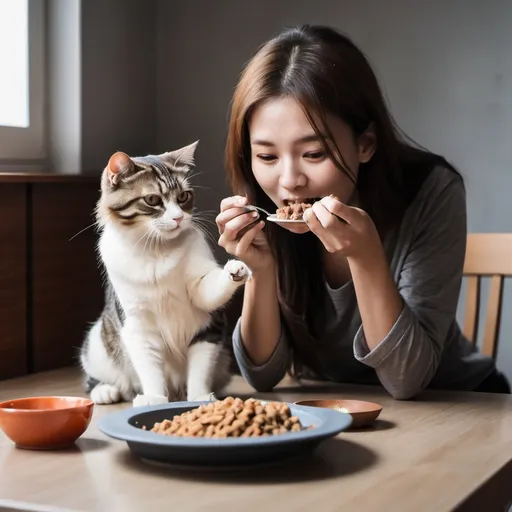 Prompt: cat sitting on table women is eating on table playing with cat and eating her food 