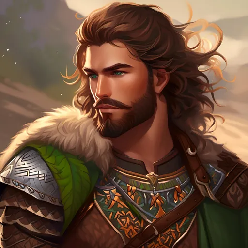 Prompt: Lean and athletic young man, chestnut brown hair, flowing and unruly, often adorned with small feathers, deep green piercing eyes, tanned from prolonged exposure to the sun, Strong jawline, with a scruffy beard that frames his face, he is wearing leather armor over travel wear, Intricate tattoos resembling natural patterns, such as leaves and animal tracks, adorn his forearms and peek out from beneath his clothing, full body portrait in <mymodel> artstyle, neat and clean tangents, contrasting black background, geometric shapes, in HDR