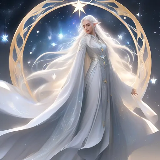 Prompt: full body portrait of a dnd character, a young elven woman in her early twenties, slender and graceful build giving off an ethereal presence, long silver-white hair cascading down her back (adorned with star charms), eyes glowing with otherworldly luminescence, and wears a flowing robe and cloak with celestial patterns, neat and clean tangents