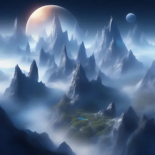 Prompt: Mountains with towering peaks veiled in mist and surrounded by perpetual twilight, crystalline formations, floating islands, crystal caves, and airborne sanctuaries, clean and neat tangents, in HDR