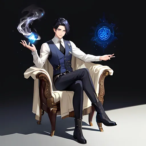 Prompt: A young man wearing a long waistcoat of deep indigo, adorned with intricate embroidery depicting arcane symbols and sigils that seem to faintly shimmer with magic. Beneath the waistcoat, they wear a crisp, white shirt, its collar peeking out in a manner that suggests both sophistication and a hint of unconventionality. Their trousers are tailored to perfection, a complementary shade of charcoal that emphasizes both comfort and practicality. A pair of leather boots, well-polished but showing signs of wear from travels through dusty tomes and ancient ruins, complete the ensemble.