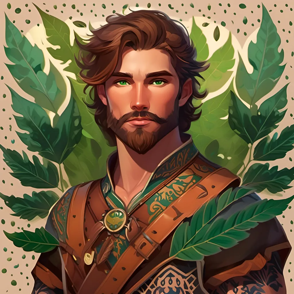 Prompt: Full body portrait of a lean and athletic young man, chestnut brown hair, flowing and unruly, deep green piercing eyes, tanned from prolonged exposure to the sun, Strong jawline, with a scruffy beard that frames his face, he is wearing leather armor over travel wear, Intricate tattoos resembling natural patterns, such as leaves and animal tracks, adorn his forearms and peek out from beneath his clothing in <mymodel> artstyle, neat and clean tangents, contrasting black background, geometric shapes, in HDR