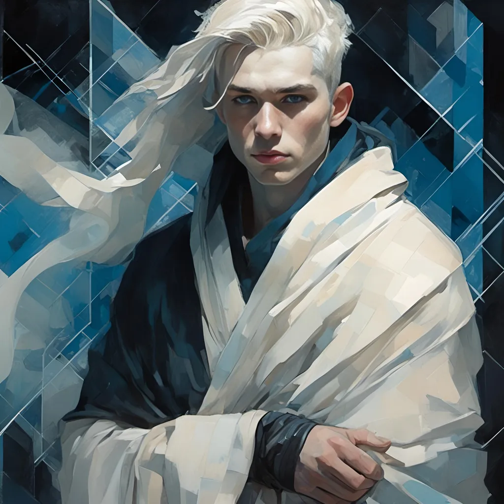 Prompt: A man with pale skin, short-black tousled hair, bandages covering most of his face except for one piercing blue eye, and dress in simple blue and white monk robes in <mymodel> artstyle, neat and clean tangents, contrasting black background, geometric shapes, in HDR