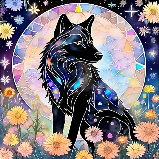 Prompt: A midnight black wolf sitting in a field of flowers, pastel colors, stain glass background effect, petals swirling in the air, patterns of constellations cover his fur, neat and clean tangents, in HDR