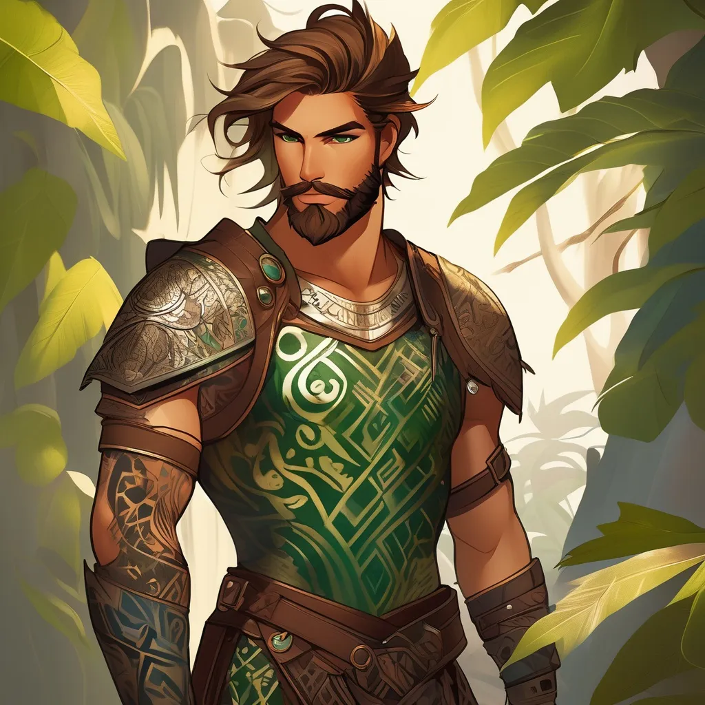 Prompt: Full body portrait of a lean and athletic young man, chestnut brown hair, flowing and unruly, deep green piercing eyes, tanned from prolonged exposure to the sun, Strong jawline, with a scruffy beard that frames his face, he is wearing leather armor over travel wear, Intricate tattoos resembling natural patterns, such as leaves and animal tracks, adorn his forearms and peek out from beneath his clothing in <mymodel> artstyle, neat and clean tangents, contrasting black background, geometric shapes, in HDR