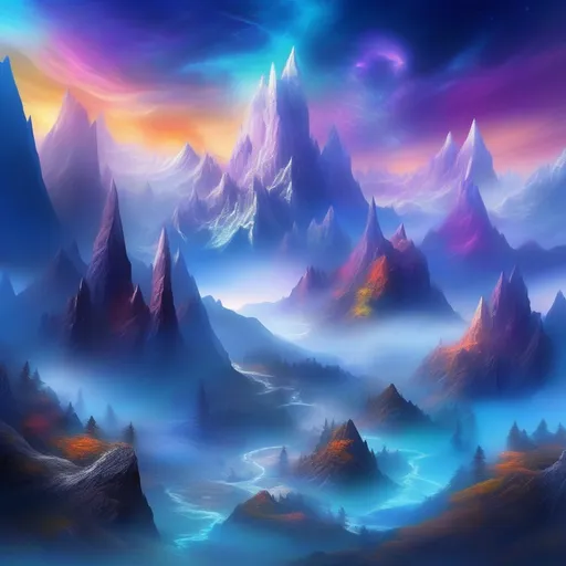 Prompt: Mountains with towering peaks veiled in mist and surrounded by perpetual twilight, crystalline formations, floating islands, crystal caves, and airborne sanctuaries, clean and neat tangents, a vibrant and colorful high quality digital painting in HDR