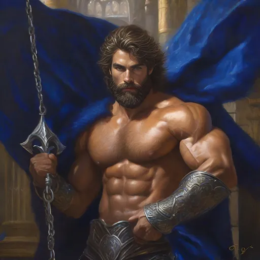 Prompt: oil painting, male fantasy character, strong musculature, very hairy, amazingly handsome, short hair and beard, chain mail, royal blue clothing. 