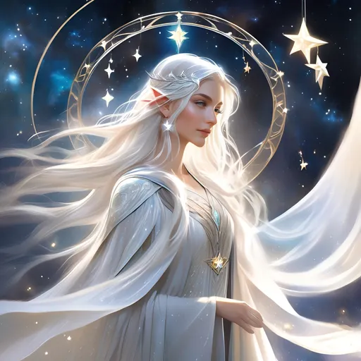 Prompt: full body portrait of a dnd character, a young elven woman in her early twenties, slender and graceful build giving off an ethereal presence, long silver-white hair cascading down her back (adorned with star charms), eyes glowing with otherworldly luminescence, and wears a flowing robe and cloak with celestial patterns, neat and clean tangents