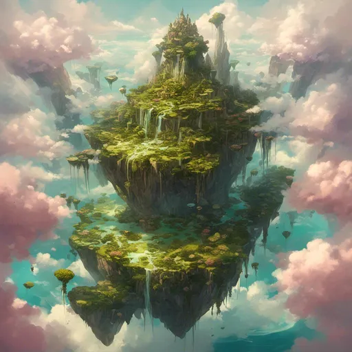 Prompt: A collection of floating islands suspended high in the sky. The Aerial Isles are the domain of the aerial elves, who soar among the clouds and live in harmony with the winds and stars. <mymodel> artstyle