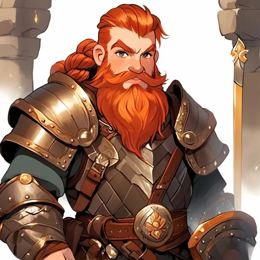 Prompt: dnd character, a young male dwarf in his early twenties, fiery red beard and hair(braided), eyes sparkling with a mischievous glint, wears traditional dwarf attire and leather armor, and several tools and pouches on belt, neat and clean tangents