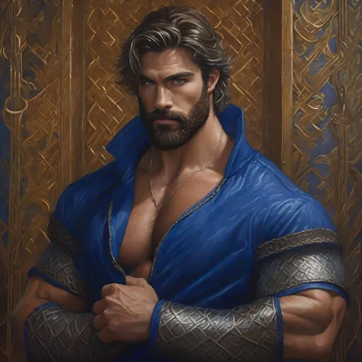 Prompt: oil painting, male fantasy character, strong musculature, very hairy, amazingly handsome, short hair and beard, chain mail, royal blue clothing. 